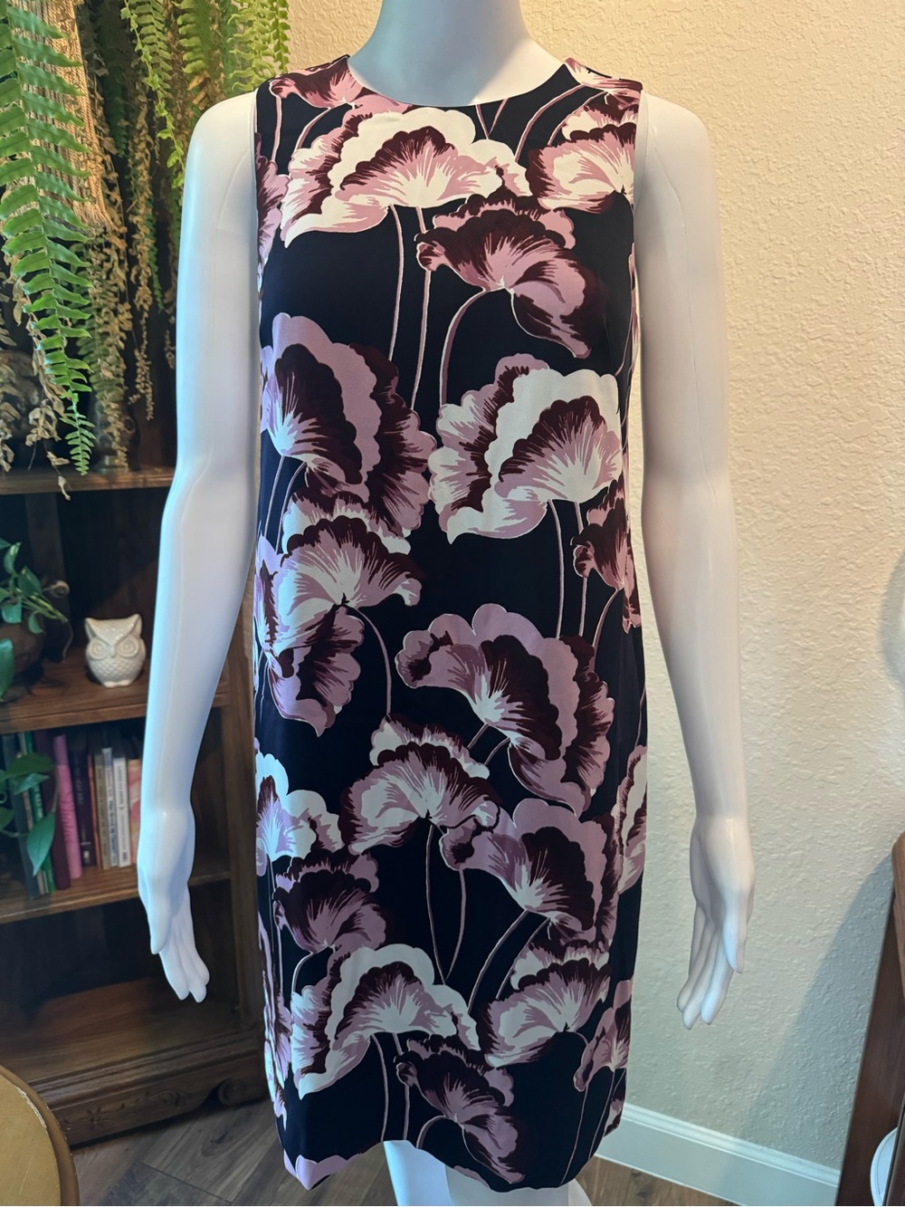 Ann Taylor Black Shift Dress with Pink Floral Print